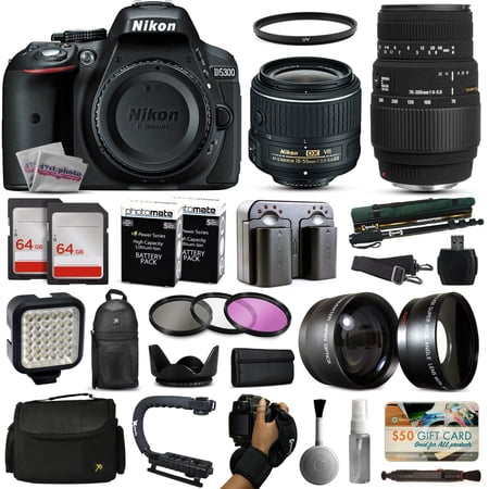 Nikon D5300 DSLR Digital Camera with 18-55mm VR II + Sigma 70-300mm Lens + 128GB Memory + 2 Batteries + Charger + LED Video Light + Backpack + Case + Filters + Auxiliary Lenses + $50 Gift Card + More! Nikon D5300 DSLR Digital Camera with 18-55mm VR II + Sigma 70-300mm Lens + 128GB Memory + 2 Batteries + Charger + LED Video Light + Backpack + Case + Filters + Auxiliary Lenses + $50 Gift Card + More!