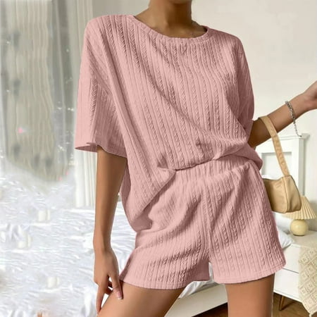 Pajamas 2 Piece Sets for Women Casual Comfy Solid Color Short Sleeve Crew Neck Tops And Wide Leg High Waist Loose Slim Fit Shorts
Pajamas 2 Piece Sets for Women Casual Comfy Solid Color Short Sleeve Crew Neck Tops And Wide Leg High Waist Loose Slim Fit Shorts