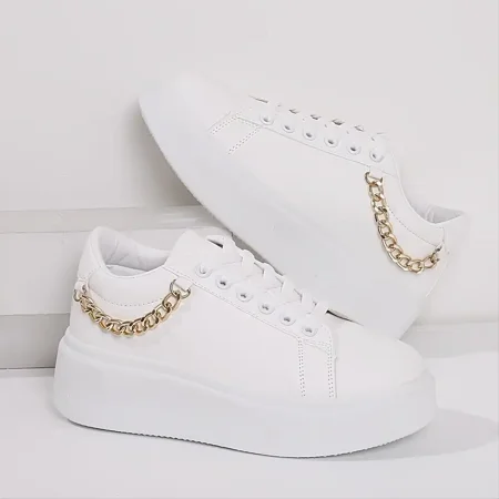 Chain Decor Thick Bottom Lace-up Skate Shoes Women‘s Platform Casual Sports Shoes All-match White Shoes