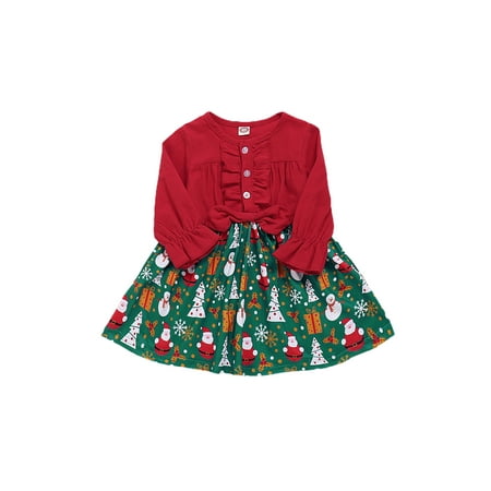 Luckinbaby Girl’s Christmas Print Stitching Long Sleeve Round Neck A-line Dress