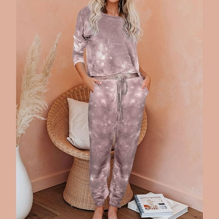 Wome s Pajama Set Tie Dye Printed Round Collar Long Sleeved Tops & Long Pants Sleepwear Set with 2 Pockets New