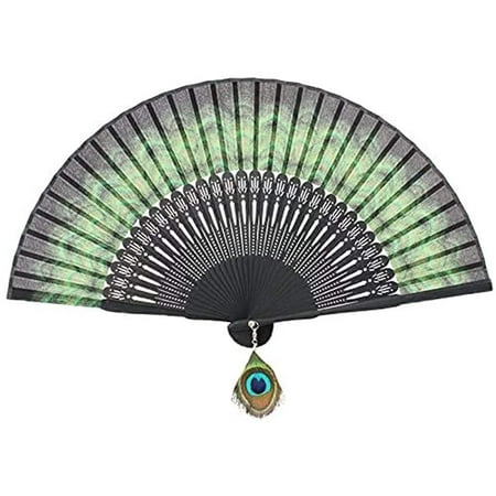 Women s Bamboo Folding Fan with Peacock Feather Trumpet Fan (Peacock)