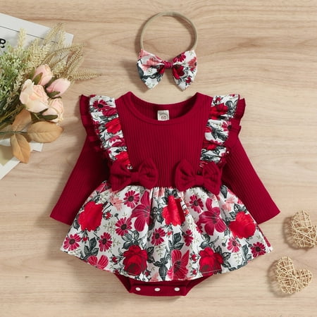 Infant Girls Ruffles Long Sleeve Ribbed Floral Prints Bowknot Romper Newborn Bodysuits Dress Headbands Set
Infant Girls Ruffles Long Sleeve Ribbed Floral Prints Bowknot Romper Newborn Bodysuits Dress Headbands Set