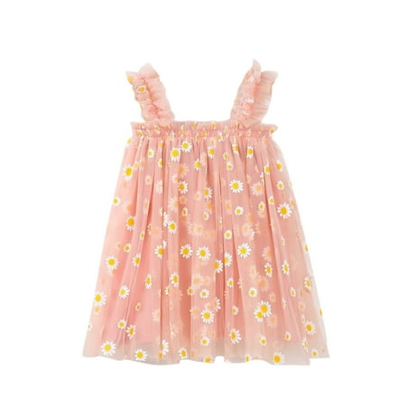 

LBECLEY Girls Formal Dresses Kids Beach Floral Layered Birthday Dresses Girls Summer Beach Daisy Party Baby Dress Princess Toddler Dresses Tulle Sleeveless Baby Girls Autumn Dress Pumpkin Pink 90