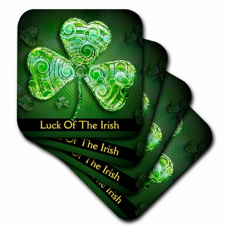 3dRose Text Luck of The Irish. Chic clovers (green) Soft Coasters set of 8