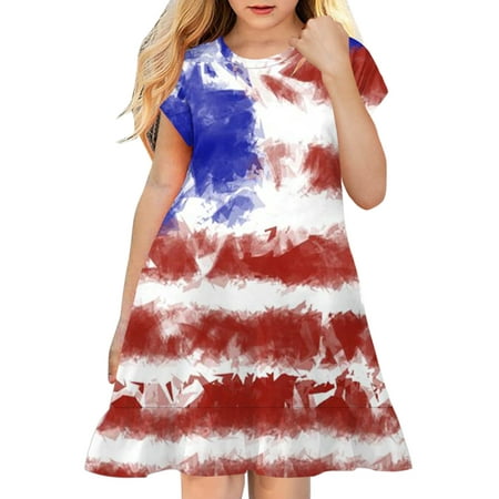 

kpoplk Girls 4th of July Dress Kids Patriotic American Flag Flutter Sleeve Dresses Toddler American Flag Outfits(9-10 Years)