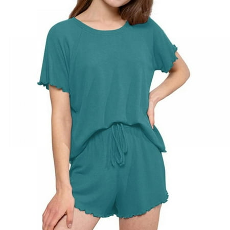 Women s Summer Pajama Set Round Neck Short Sleeve Top and Ruffle Shorts Sleepwear Lounge Set
Women s Summer Pajama Set Round Neck Short Sleeve Top and Ruffle Shorts Sleepwear Lounge Set