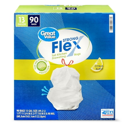 Great Value Strong Flex Tall Kitchen Drawstring Trash Bags, Citrus Burst, 13 Gallon, 90 Count