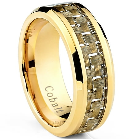 Goldtone Plated Men's Cobalt Wedding Band Ring with Yellow Carbon Fiber Inlay, 8mm