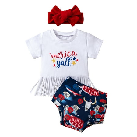 4th of July Infant Baby Girls Summer Clothes Letter Print Short Sleeve Tassel T-shirt and Elastic Casual Floral Shorts Headband Independence Day 3Pcs set
4th of July Infant Baby Girls Summer Clothes Letter Print Short Sleeve Tassel T-shirt and Elastic Casual Floral Shorts Headband Independence Day 3Pcs set