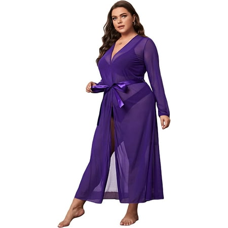 ZWJHGIK Women s Plus Size Long Sleeve Sheer Mesh Kimono Belted Robe