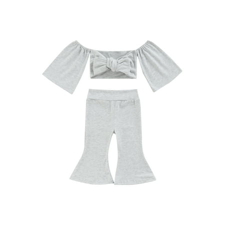 Infant Baby Girls Outfits Off Shoulder Crop Top Bowknot T-Shirt Flared Pants Solid Color 2Pcs Clothes Set
Infant Baby Girls Outfits Off Shoulder Crop Top Bowknot T-Shirt Flared Pants Solid Color 2Pcs Clothes Set
