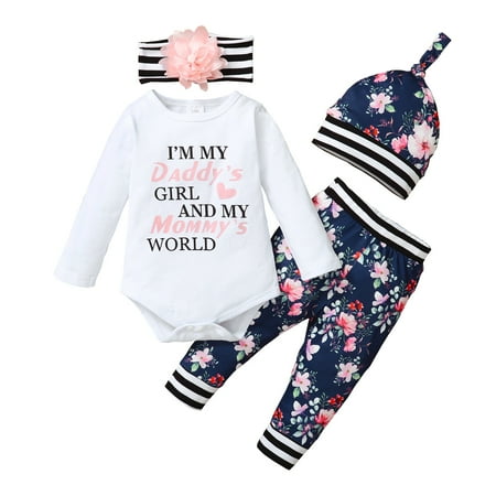 Infant Baby Girl Clothes Baby Girl Outfits Letter Print Long Sleeve Romper Top Floral Pants Set Headband Hat 4PCS Set White 9-12 Months
Infant Baby Girl Clothes Baby Girl Outfits Letter Print Long Sleeve Romper Top Floral Pants Set Headband Hat 4PCS Set White 9-12 Months