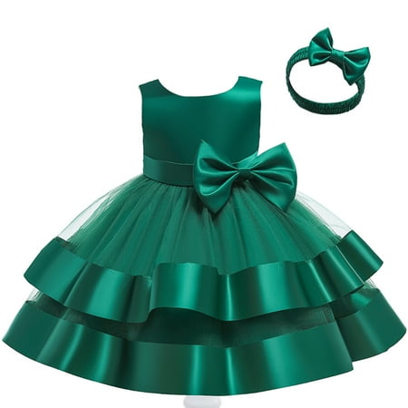 Kids Toddler Baby Girls Princess Pageant Dress Bowknot Sleeveless Tulle Dress With Headbands Party Prom Ball Gown Girls Cotton Romper