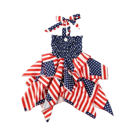 Independence Day Outfit Toddler Baby Girls Ruffle Dress Off Shoulder 4th of July American Flag Stripe Stars Print Halter Suspender Sleeveless Dress