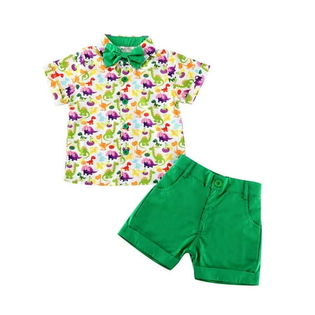 Summer Savings Clearance! PEZHADA Summer Baby and Toddler Boys Casual Suit Fashion Short Sleeve Blouse Dinosaur Print Retro Shorts Bowtie Gentleman s Suit Two Piece Sets Green
