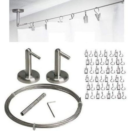 HetayC Curtain Wire Rod Set Stainless Steel Multi-Purpose 16.5 Wire 2 Mounting Pieces 24 Clips