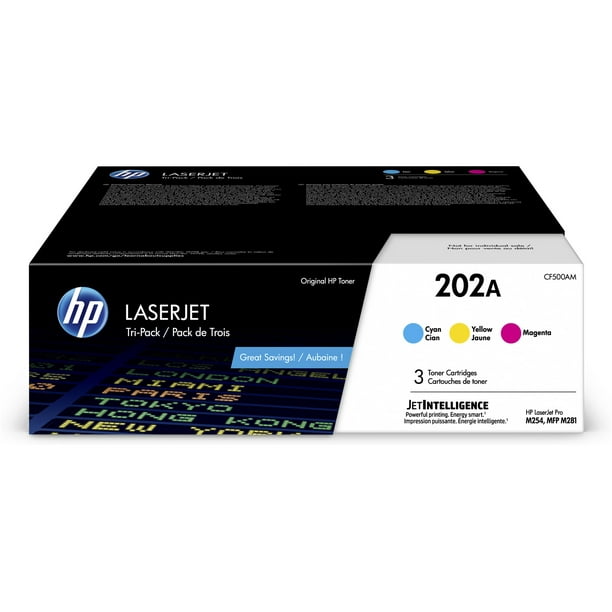 HP 202A (CF500AM) Color LaserJet Pro M254, MFP M281 3-Pack Cyan, Magenta, Yellow Original LaserJet Toner Cartridges (3 x 1,300 Yield)