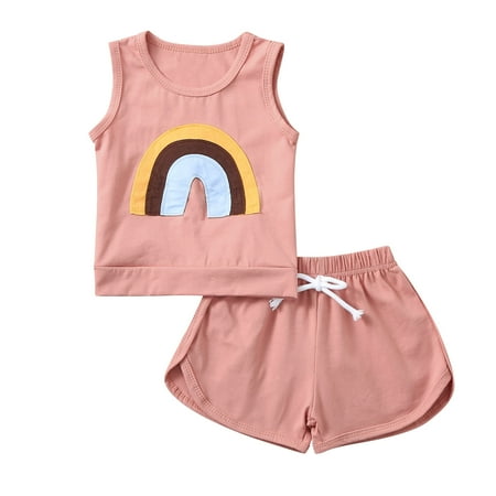 Fesfesfes Toddler Kids Baby Girls Boys Rainbow Vest Tops Tee Shorts Outfits Set