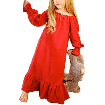 Baby Girls Long Sleeve Solid Ruffled Longuette Party Princess Dress Nightgown Sleepwear