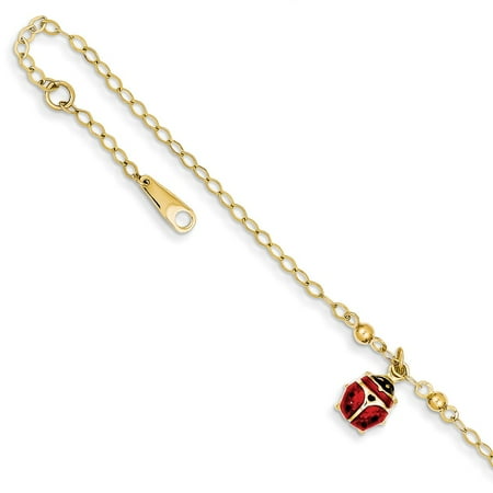 14k Yellow Gold 10in Adjustable Enameled Ladybug Anklet
