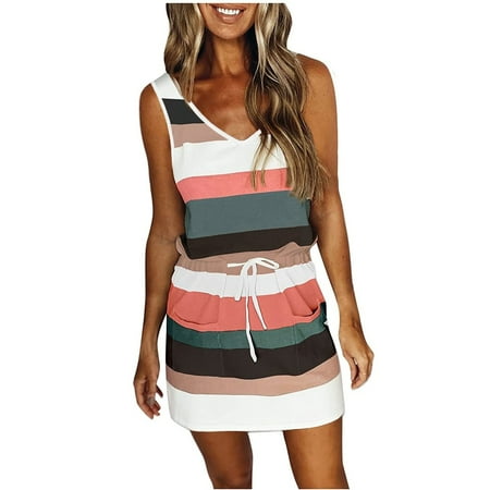 Women Tank Dresses Striped Sleeveless Drawstring Waist Mini Dress - Summer Casual Loose Vest Sling Dress
Women Tank Dresses Striped Sleeveless Drawstring Waist Mini Dress - Summer Casual Loose Vest Sling Dress