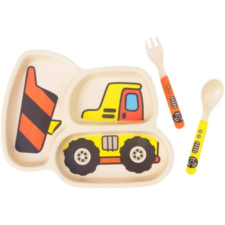 

Heldig Kid Plate Set Bamboo Toddler Plates Dinnerware Dinner Dish Set Baby Feeding Spill Proof Divided Plate - Baby Spoon and fork 3-Piece Set for Kids and Toddlers Teaches Child Portion ControlB