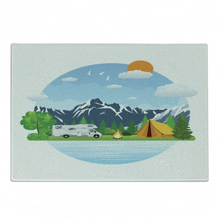 

Camper Cutting Board Forest Camping Illustration with Mountains Summertime Activities Weekend Holiday Decorative Tempered Glass Cutting and Serving Board in 3 Sizes by Ambesonne