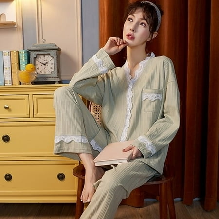 PIKADINGNIS Womens Pajamas Set Autumn V-neck Lace Buttons Elastic Waist Sleepwear Set Cotton Womens Long Sleeve Nightwear Print Top Long
PIKADINGNIS Womens Pajamas Set Autumn V-neck Lace Buttons Elastic Waist Sleepwear Set Cotton Womens Long Sleeve Nightwear Print Top Long