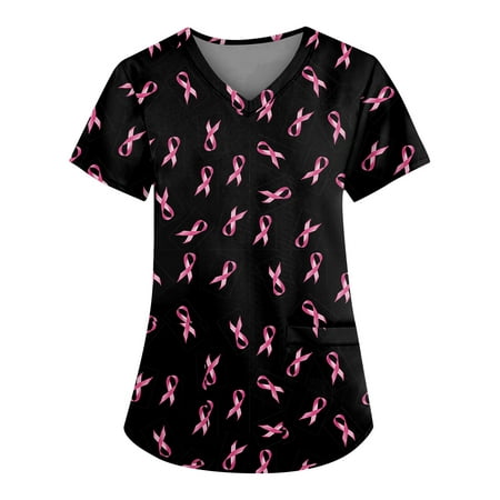 

Elevate Your Scrubs Style! HIMIWAY Practical Nurse Wardrobe Women s Floral Printing Short Sleeve V-neck Tops Working Uniform Pocket Blouse Black 5XL