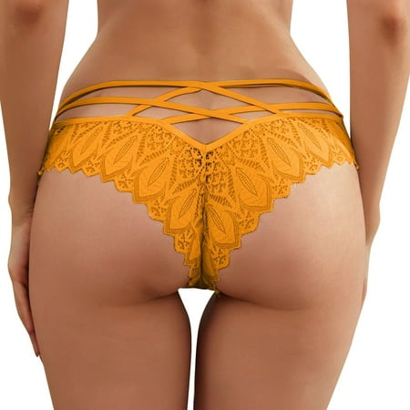 

BIZIZA Women s Briefs Sexy Lace Seamless Strappy Underwear Criss Cross Panty Yellow M