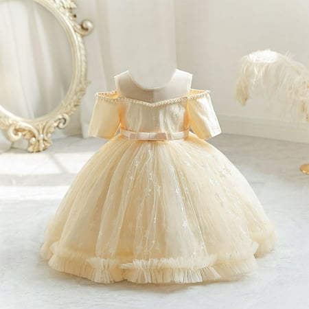 Geire Summer New Flower Girl Dresses Solid Color One Shoulder Short Sleeve Pearl Decor Dress with Bow Belt Lace Mesh Princess Dress Size 7 Months-6 Years
Geire Summer New Flower Girl Dresses Solid Color One Shoulder Short Sleeve Pearl Decor Dress with Bow Belt Lace Mesh Princess Dress Size 7 Months-6 Years