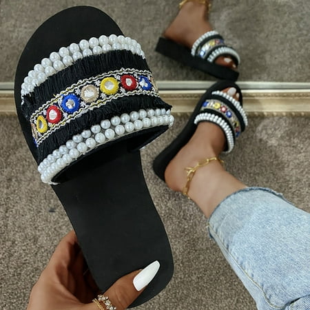 HIBRO Women s Fashion Sequined Pearl Set Foot Beach Casual Large Size Sandals