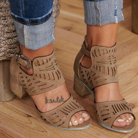 Egmy Women Ladies Peep toe High Heel Solid Buckle Casual Shoes Sandals