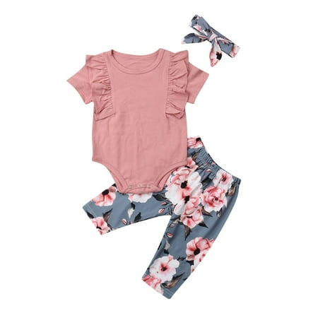 Hirigin Newborn Toddler Baby Girl Flower Top Romper Pants 3PCS Sunsuit Outfits