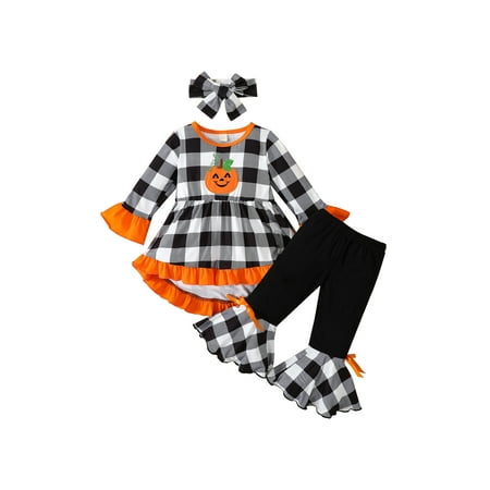 Calsunbaby 3Pcs Kids Little Girls Halloween Clothes Sets Long Sleeve Plaid Pumpkin Print Tops + Flared Pants + Headband Orange 1-2 Years
Calsunbaby 3Pcs Kids Little Girls Halloween Clothes Sets Long Sleeve Plaid Pumpkin Print Tops + Flared Pants + Headband Orange 1-2 Years