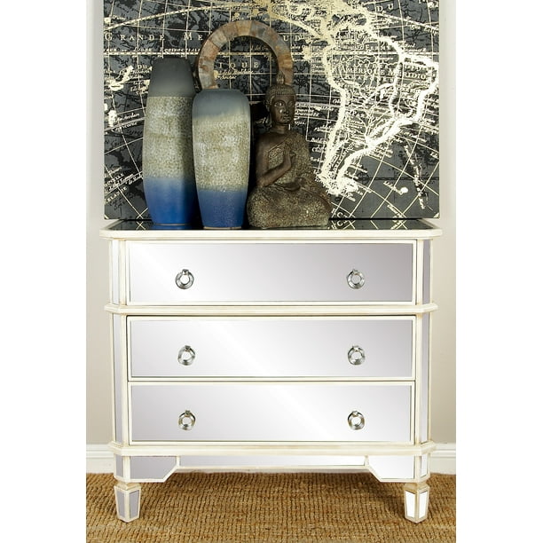 DecMode 44” x 34” Rectangular 3-Drawer Wood & Mirrored Cabinet w/ Iron Rosette O-Ring Handles