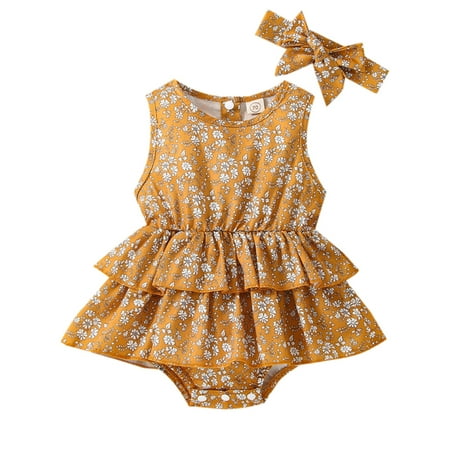 Suanret Infant Baby Girls Romper Floral Print Round Neck Sleeveless Double-Layer Ruffles Jumpsuits with Headband Yellow Floral 0-3 Months
Suanret Infant Baby Girls Romper Floral Print Round Neck Sleeveless Double-Layer Ruffles Jumpsuits with Headband Yellow Floral 0-3 Months