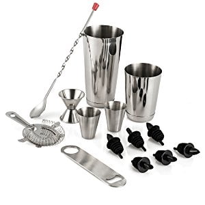 Cocktail Shaker Home Bar Set - 14 Piece Stainless Steel Bar Tools Kit with Shaking Tins, Flat Bottle Opener, Double Bar Jigger, Hawthorne Strainer, Shot Glasses, Bar Spoon, and 6 Pour Spouts