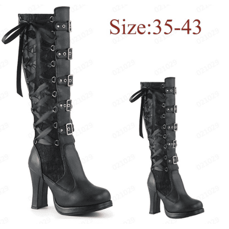 Women s Boots Tied Kneeth Leather Gothic Platform Bows Boots