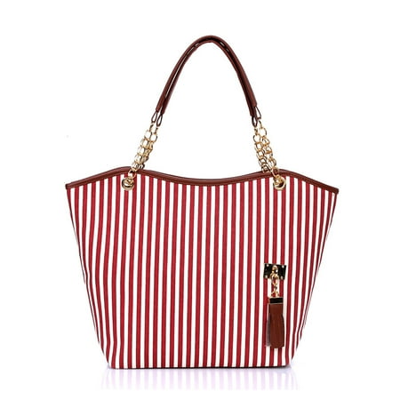 Unique Bargains Women's Vertical Stripes Faux Leather-Trimmed Tassels Decor Tote Red