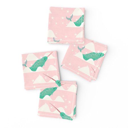 Cocktail Napkins Narwhal Nautical Ocean Mint Sea Unicorn Arctic Coastal Set of 4