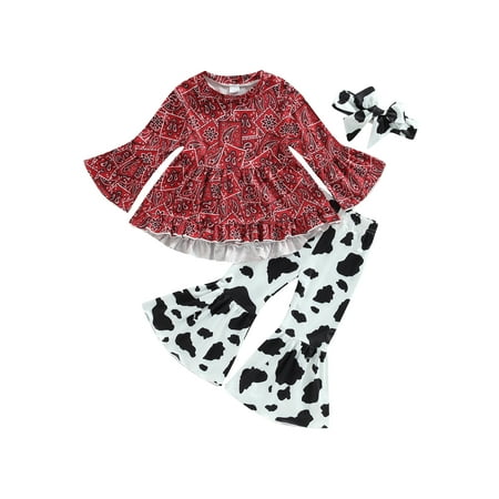 Sunisery Toddler Kids Girls Spring Autumn Outfit Long Sleeve Pattern Print A-line Tops Cow Print Flared Pants Headband Set
Sunisery Toddler Kids Girls Spring Autumn Outfit Long Sleeve Pattern Print A-line Tops Cow Print Flared Pants Headband Set