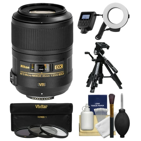 Nikon 85mm f\/3.5 G VR AF-S DX ED Micro-Nikkor Lens + Macro Ring Light & Tripod + 3 Filters Kit for D3200, D3300, D5300, D5500, D7100, D7200, D500, D750, D810 Cameras