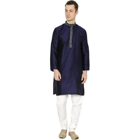 Royal Kurta Mens Jacquard Silk Floral Print Fancy Kurta Churidar Navy