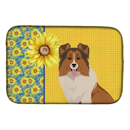Summer Sunflowers Sable Sheltie Dish Drying Mat 14 in x 21 in