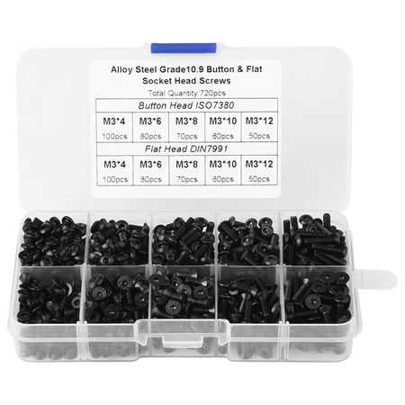 2024 720pcs M3*4/6/8/10/12 Black Alloy Steel Flat Head Hex Socket Screws with Plastic Box
2024 720pcs M3*4/6/8/10/12 Black Alloy Steel Flat Head Hex Socket Screws with Plastic Box