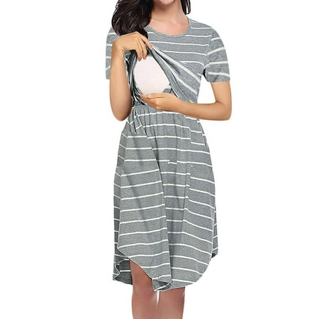 

asdoklhq Maternity Clothes for Women Clearance Womens Short Sleeve Striped Print Nursing Dress For Breastfeeding