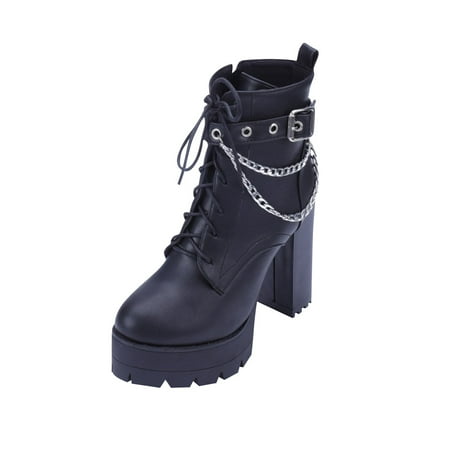 OAVQHLG3B Women s Boots With Metal Chain Belt Buckle Thick Soled Thick High Heeled Ankle Boots