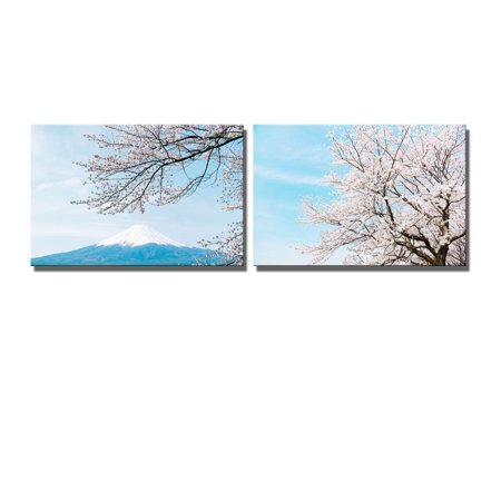 Wall26 Beautiful Japan Scenery Mt Fuji with Cherry Blossom - Canvas Art Wall Decor - 16"x24" x 2 Panels